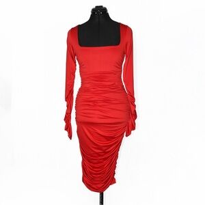 Ruched Bodycon Dress Long Sleeves Square neckline